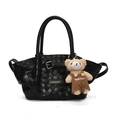 Black woven basket tote bag with cute bear charm and golden metal logo tag - With Pendant / Black With Pendant