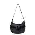 Retro denim shoulder bag in dark grey with black leather strap and silver C buckle - Dark Brown