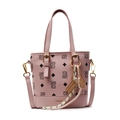 Pink printed bucket bag in pebbled leather with golden charms and detachable strap - Pink