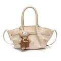 Fashionable woven texture handbag in beige with cute bear pendant and shoulder strap - With Pendant / White With Baseball Charm