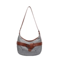 Gray-blue denim tote bag with brown leather belt detail and silver metal ring buckle - Gray