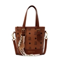 Classic brown bucket handbag featuring bear print and tennis racket charm accessory - Brown