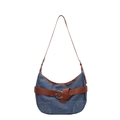 Denim crescent moon hobo bag in blue with brown leather trim and metal buckle detail - Dark Blue