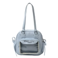 Light blue faux leather tote bag featuring a clear window and Fashion Lucky star print - Blue
