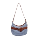 Blue denim shoulder bag with brown leather trim and silver C-shaped metal buckle detail - Light Blue