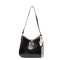 Glossy black patent leather hobo bag with silver G buckle and twilly scarf detail - With Beaded Charm / Black