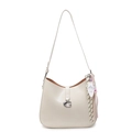 Minimalist beige patent leather underarm bag with silver G-buckle and silk ribbon - With Beaded Charm / Beige