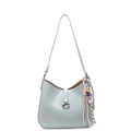 Light blue patent leather underarm bag with silver G-buckle and beaded tassel charm - With Beaded Charm / Blue