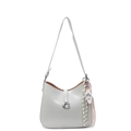 Minimalist light grey leather shoulder bag with silver G buckle and sporty pendant - With Beaded Charm / Gray