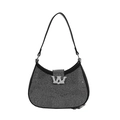 Elegant black hobo bag with sparkling rhinestones and silver W metal buckle - Black Large