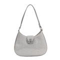Elegant silver rhinestone crescent handbag with metallic W buckle and top handle strap - Silver Large