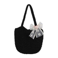 Bolso tote negro de ganchillo hecho a mano con lazo de encaje blanco y textura de punto - Negro