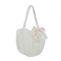 Bolso tote tejido crema con lazo de encaje bordado floral y correas de hombro suaves - Blanco Roto