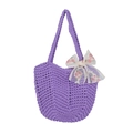 Bolso tote de algodón tejido lila con lazo de encaje blanco y bordado rosa - Morado
