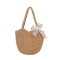Handmade woven khaki tote bag with a lace floral bow accent for casual summer outings - Khaki