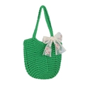 Fresh green knitted crochet tote bag with a white floral lace bow and long handles - Green