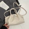 Chic beige pleated bucket bag in premium lychee leather with silver buckle detail - White without Pendant