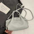 Minimalist light grey pleated bucket bag with litchi pattern leather and horseshoe clasp - Blue - Without Pendant