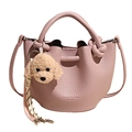 Sac seau rose poudré avec motif litchi, poignée nouée et pendentif chiot en peluche doux - Violet (Avec Pendentif Chien)