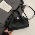 Minimalist black lychee texture pleated bucket bag with silver metal arch buckle detail - Black - Without Pendant