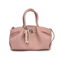 Chic pink pleated tote bag with lychee texture, silver lock and elegant pearl pendant - Pink + Doll Pendant