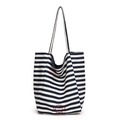 Blauw-wit gestreepte canvas shopper met rode borduring van een hondje - Blauw