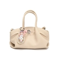 Chic beige lychee leather pleated handbag with a cute pearl doll charm accessory - White + Doll Pendant