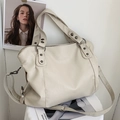 Grand sac cabas vintage beige en cuir grainé avec bandoulière réglable - Blanc