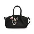 Minimalist black pleated bucket handbag with cute cartoon charm and pearl bow detail - Black + Doll Pendant