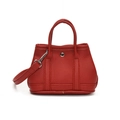 Mini red leather tote bag with lychee pattern and silver buckle featuring a crossbody strap - Red