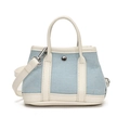 Mini tote bag in light blue denim and white leather with荔枝 pattern and strap - Blue and White
