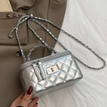 Chic silver quilted mini box bag with metallic chain strap and turn-lock closure - Basic Style / Silver - No Charm