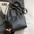 Chic black litchi textured leather bucket bag with dual handles and adjustable strap - Black - Without Pendant