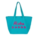 Hellblaue Canvas-Einkaufstasche mit pinkem Aloha-Schriftzug und Doppelgurten - Blau