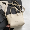 Chic beige lychee pattern leather bucket bag with top handles and adjustable strap - White without Pendant