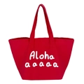 Red canvas tote bag with white Aloha print and wide shoulder straps for women - Red