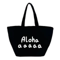 Minimalist black canvas tote bag with white Aloha print and spacious interior - Black