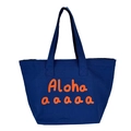 Dark blue canvas tote bag with orange Aloha print and large capacity for daily commuting - Navy Blue