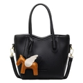 Black litchi pattern bucket bag with detachable strap and orange pegasus charm - Black with Brown Pegasus Charm
