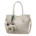 Chic beige lychee pattern bucket bag with double handles and a cute horse pendant - White with White Pegasus Charm