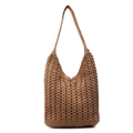 Borsa tote all'uncinetto marrone con trama traforata per vacanze estive informali - Cachi