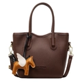 Dark brown lychee texture leather bucket bag with horse charm and crossbody strap - Coffee with Brown Pegasus Charm