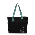 Minimalist black canvas tote bag with contrast light blue handles and cat embroidery - Black