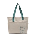 Minimalist cream canvas tote bag with dark green handles and cute cat embroidery - Off White