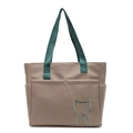 Khaki large capacity canvas tote bag with green handles and cat embroidery - Khaki