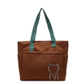 Brown canvas tote bag with green handles and cat embroidery for casual daily use - Brown