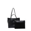 Bolso tote minimalista de cuero negro con conjunto de bolso de mano a juego con cremallera - Negro
