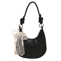 Borsa hobo nera minimalista con trama litchi e ciondolo fiocco in pizzo e perle - Nero + Fiocco Pizzo Perle