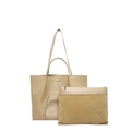 Conjunto de bolso tote beige minimalista con neceser a juego y letras doradas - Caqui