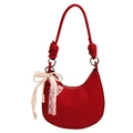Borsa a mezzaluna in pelle rossa con fiocco in pizzo laterale e eleganti perle - Rosso Con Ciondolo Fiocco in Pizzo